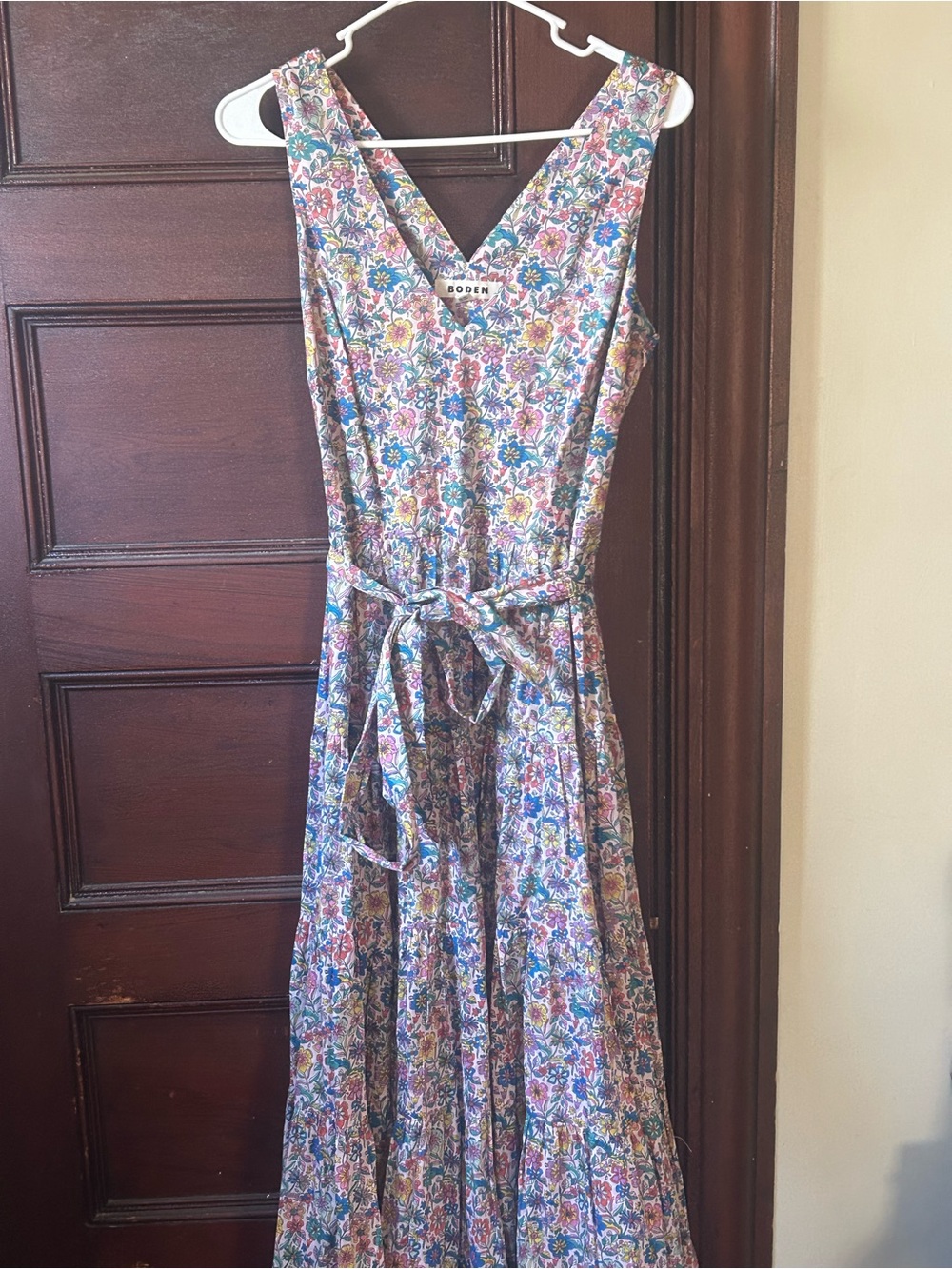 Boden Floral Tiered Maxi Dress Tie Waist Sleeveless Cottagecore Boho US Size 8 - Picture 4 of 7